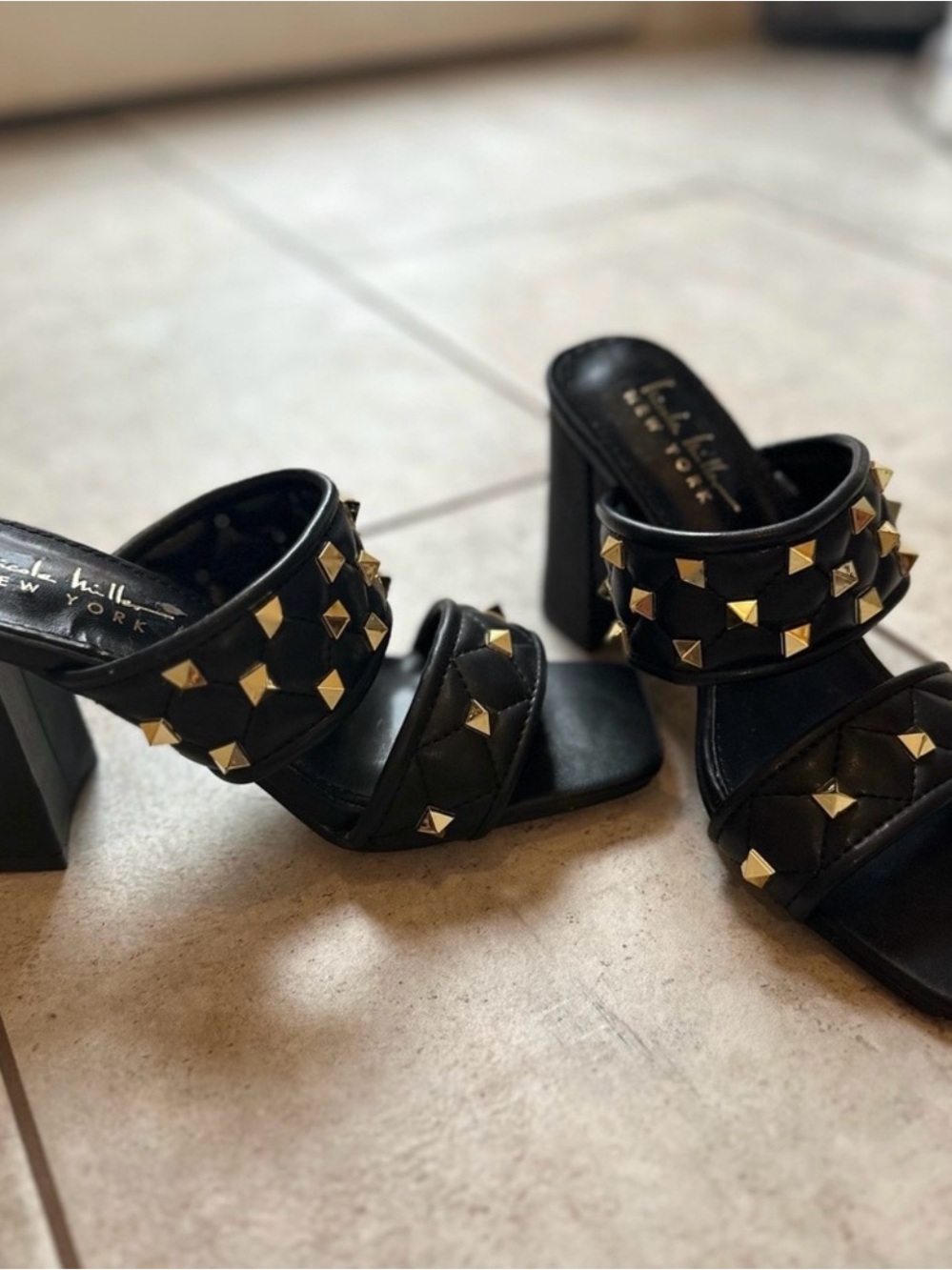 Nicole Miller Black Quilted Studded Block Heel Mules